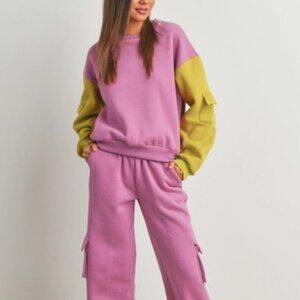 Women's Pink Contrast Cargo Sweat Suit Lounge Set